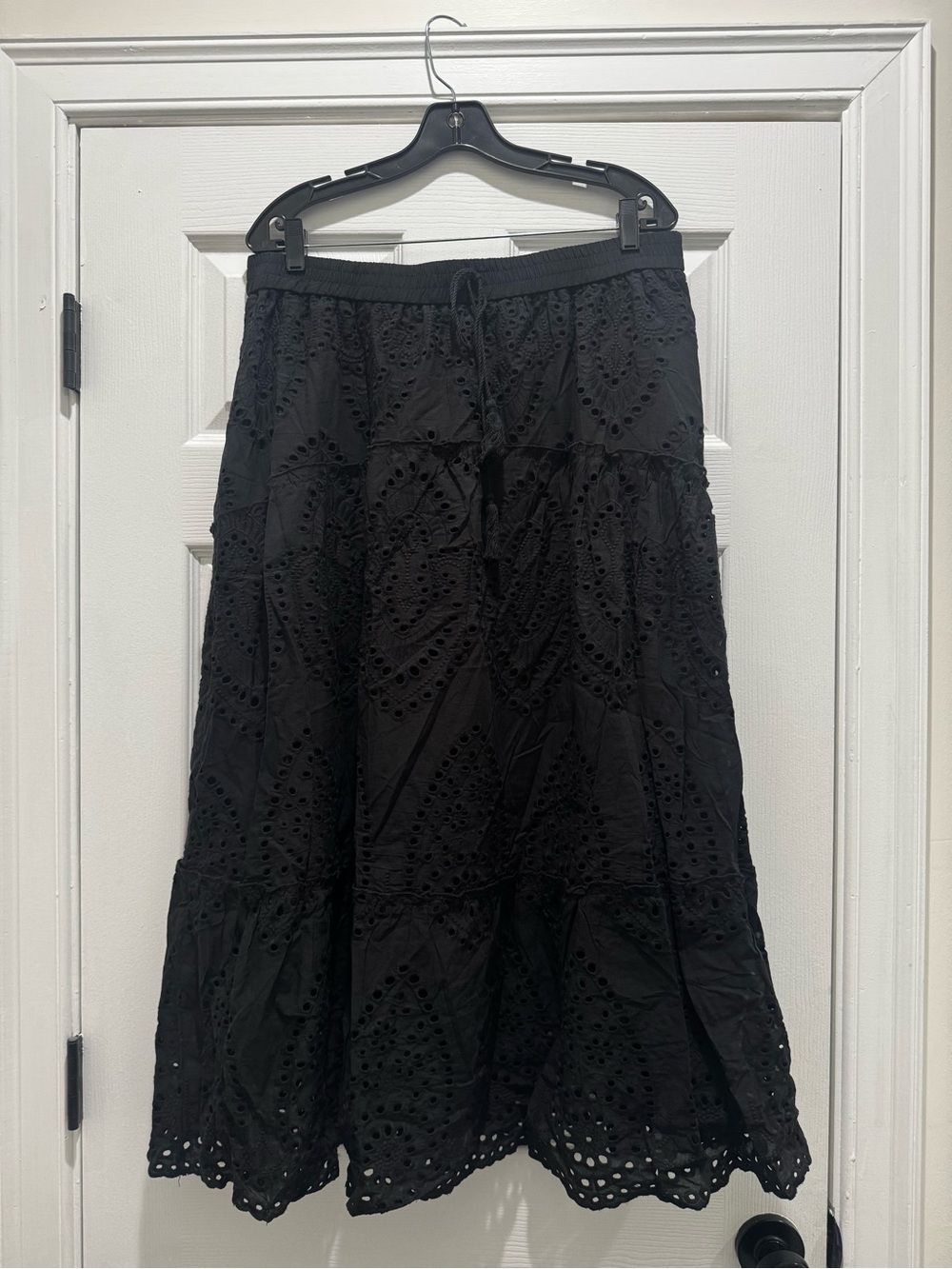 Black Eyelet Tiered Maxi Skirt — Women's Flowy Eyelet Design